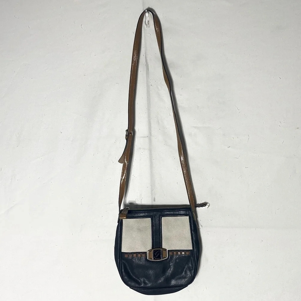 Guess Black Faux Leather Ivory Canvas Cross Body Bag Purse